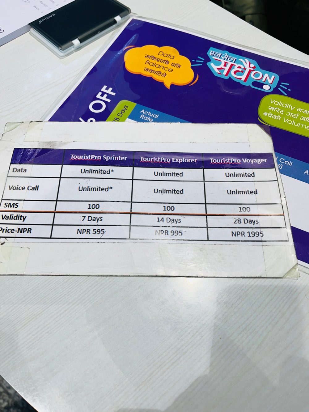 トリブバン空港のSIM売り場にあった、Ncellの旅行者向けプランの料金表